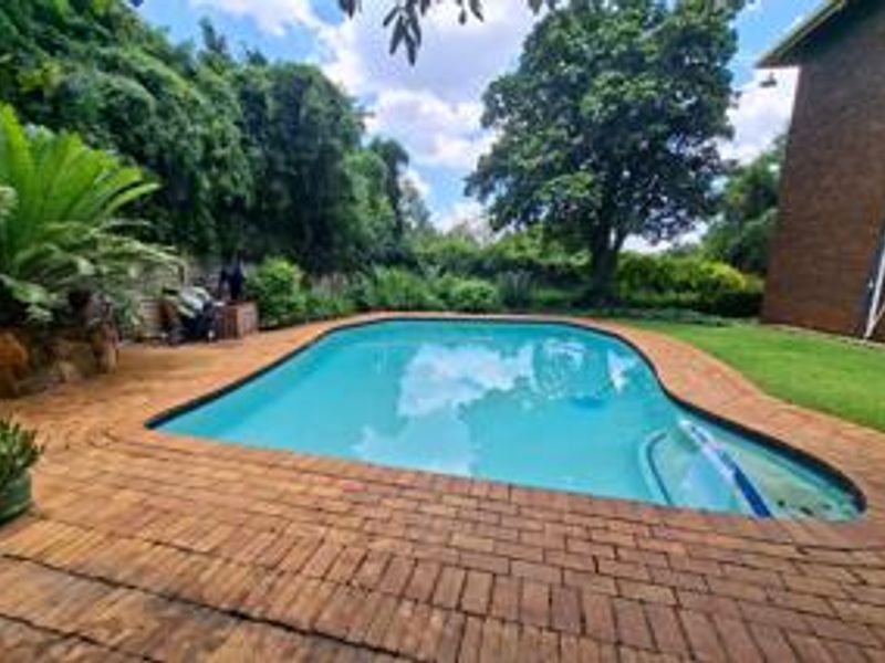 A private backyard featuring a swimming pool surrounded by brick paving, a stone retaining wall, and established garden greenery.