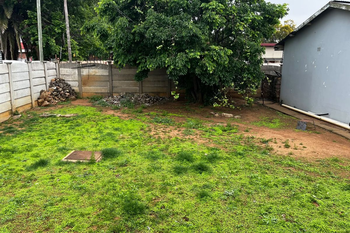 A rear garden area featuring a precast concrete boundary wall and established tree, requiring landscaping and maintenance to improve the outdoor space.