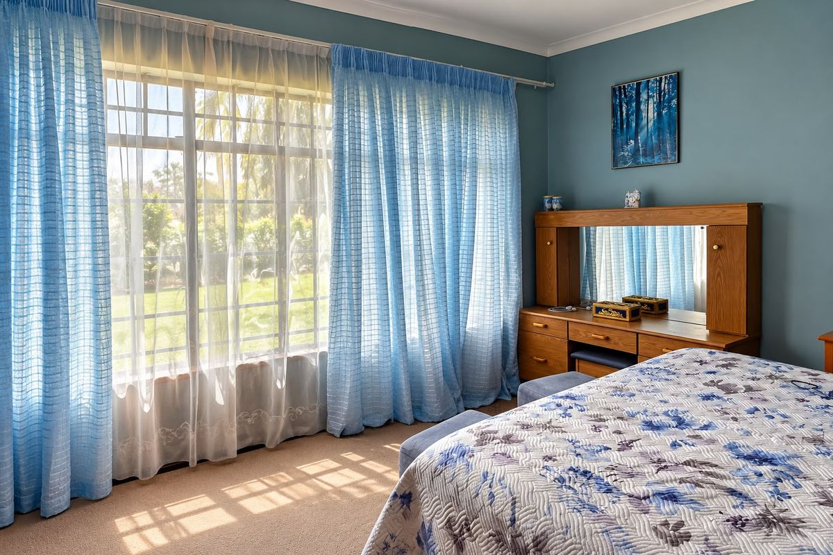 A well-lit bedroom featuring large windows with natural light, carpeted flooring, and coved ceiling details.