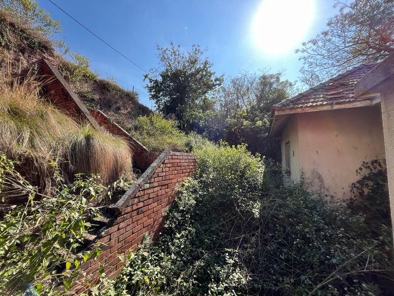 Rear exterior view showing a brick retaining wall, overgrown garden area, and a structure with visible roof and wall deterioration.