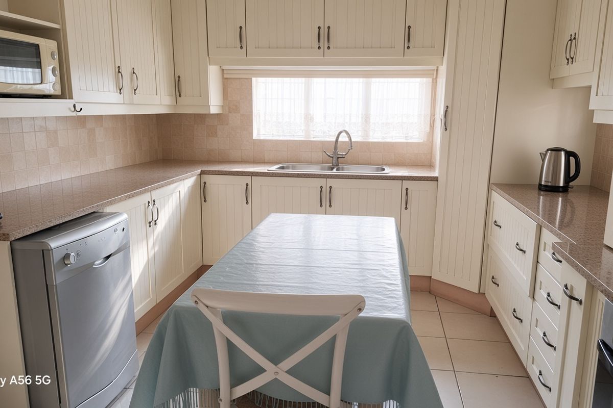 A functional kitchen featuring cream-colored cabinetry, tiled backsplash, laminate countertops, and a stainless steel sink with natural light from the window.