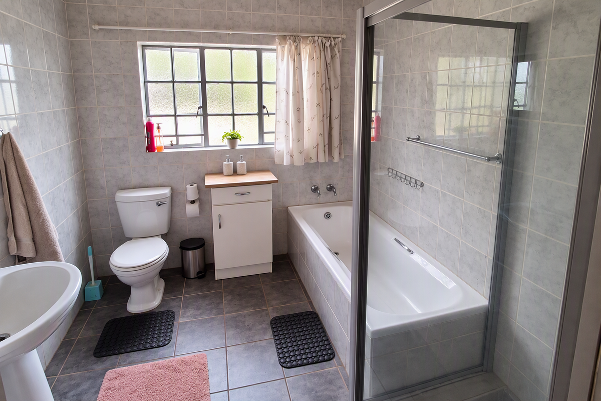 A functional bathroom featuring a pedestal basin, toilet, built-in vanity, and a combined bathtub with a glass shower enclosure, finished with neutral wall tiles.