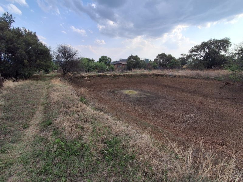 An exterior view of a dry earthen dam on the small holding property, showing signs of drought and cracked soil.
