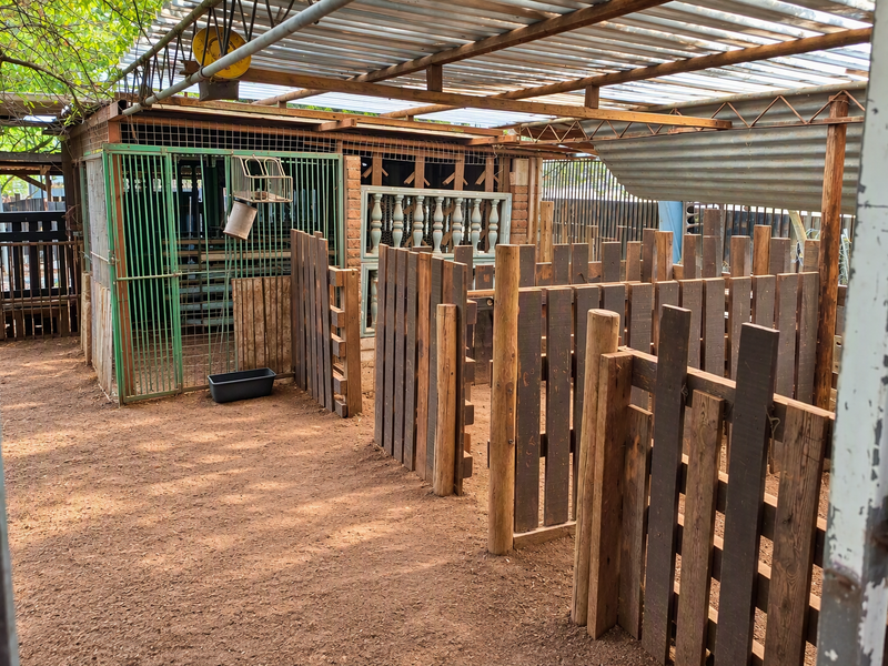 Outdoor utility area featuring a covered structure with timber paddock fencing and metal enclosures, suitable for livestock or agricultural use on a small holding.