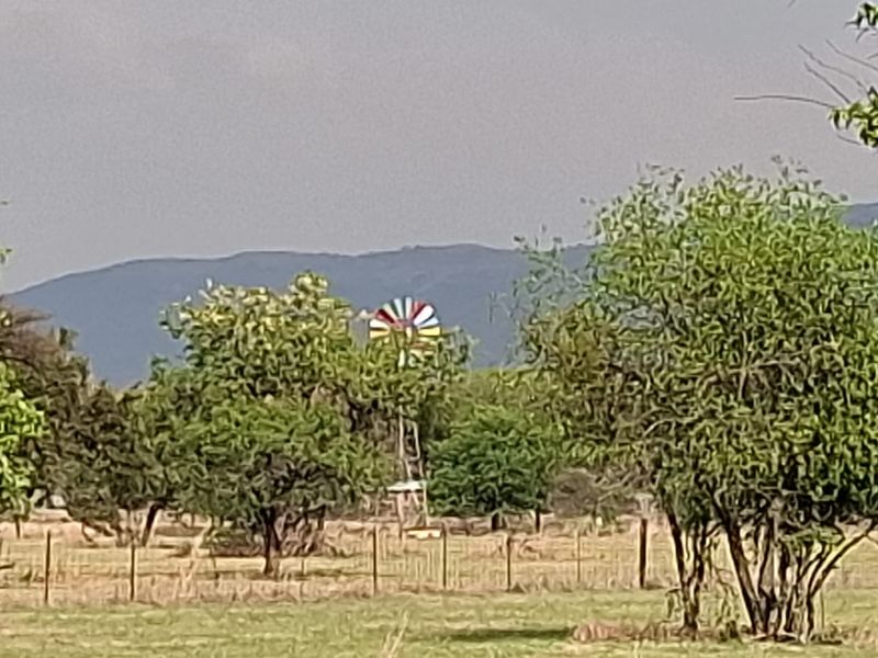 A scenic landscape view of the small holding featuring a traditional windmill set against a backdrop of rolling hills and natural vegetation.