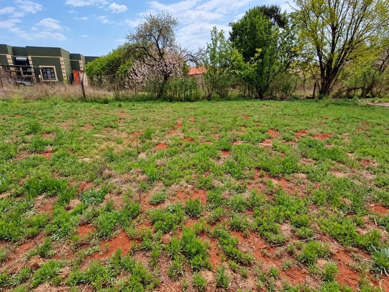 A view of a vacant residential plot featuring natural grass cover, mature trees, and perimeter fencing.