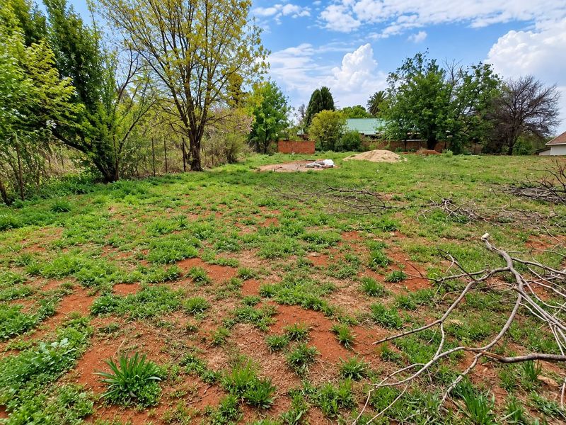 A view of a vacant residential plot featuring natural grass cover, mature trees, and perimeter fencing.