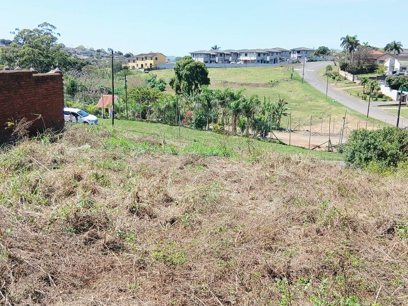 A sloped, undeveloped residential plot featuring overgrown grass, a brick boundary wall, and views of the surrounding neighborhood.