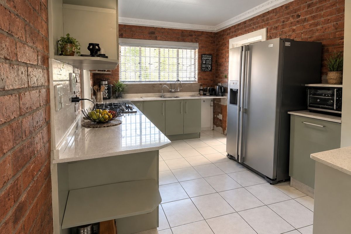 A kitchen featuring exposed brick walls, sage green cabinetry, stone countertops, and ceramic floor tiles, offering a blend of rustic and modern elements.
