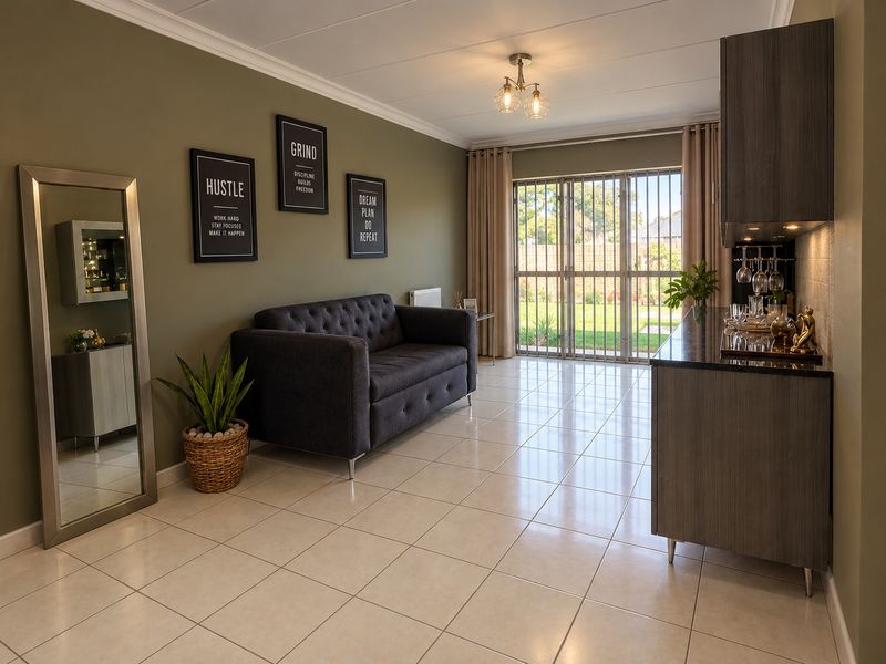 A well-maintained living area featuring tiled flooring, a built-in bar unit, and sliding glass doors providing access to the garden.