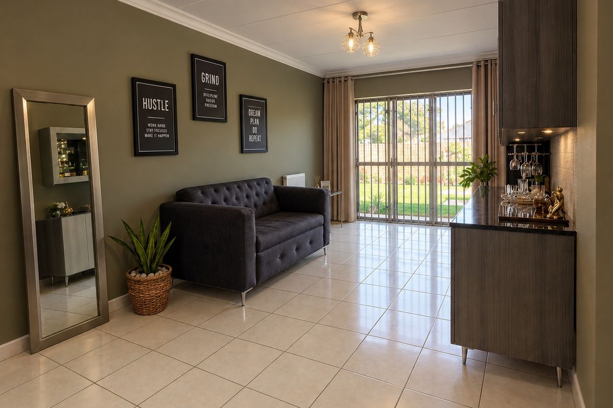 A well-maintained living area featuring tiled flooring, a built-in bar unit, and sliding glass doors providing access to the garden.