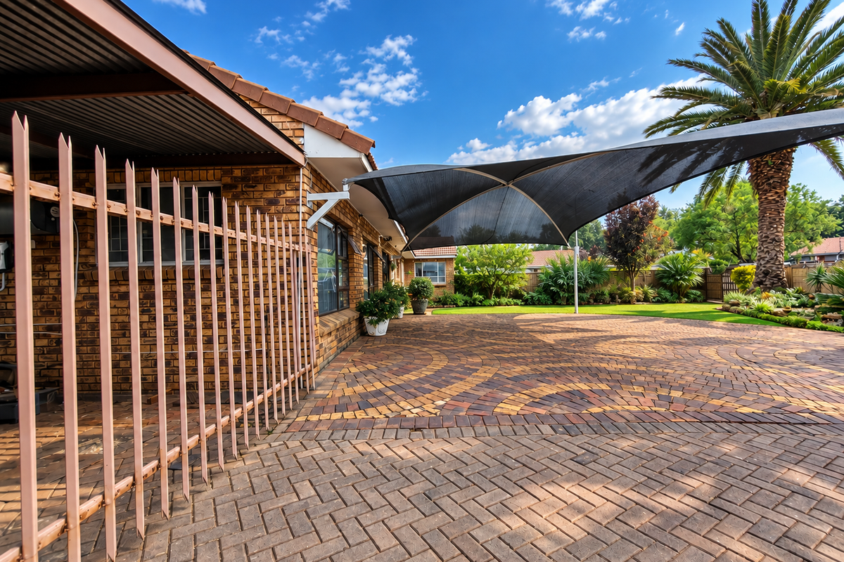 Rear exterior view featuring extensive brick paving, a large shade sail, covered patio area, and secure metal fencing.
