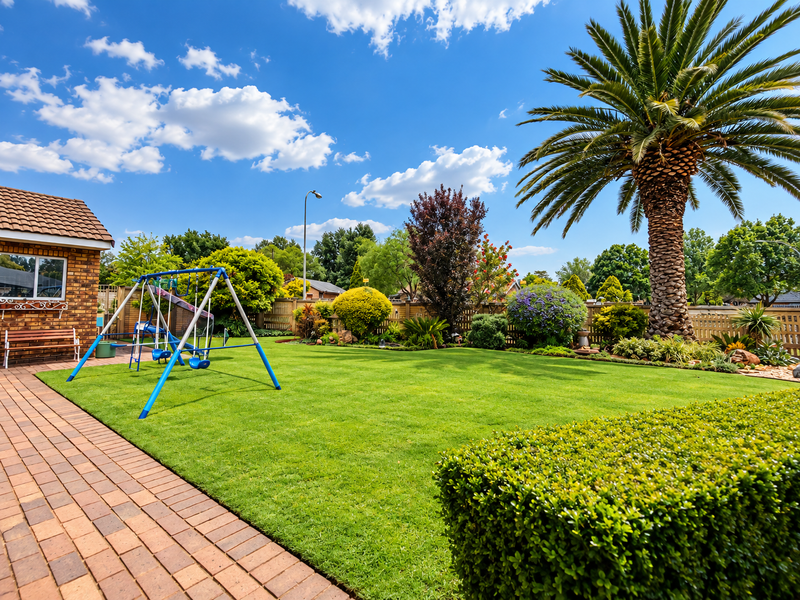 A well-maintained garden featuring a lush green lawn, mature palm tree, brick paving, and established landscaping, providing a pleasant outdoor space.