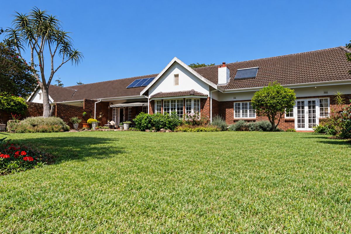Spacious rear garden view of a well-maintained townhouse featuring a brick facade, tiled roof, solar water heating panels, and established landscaping.