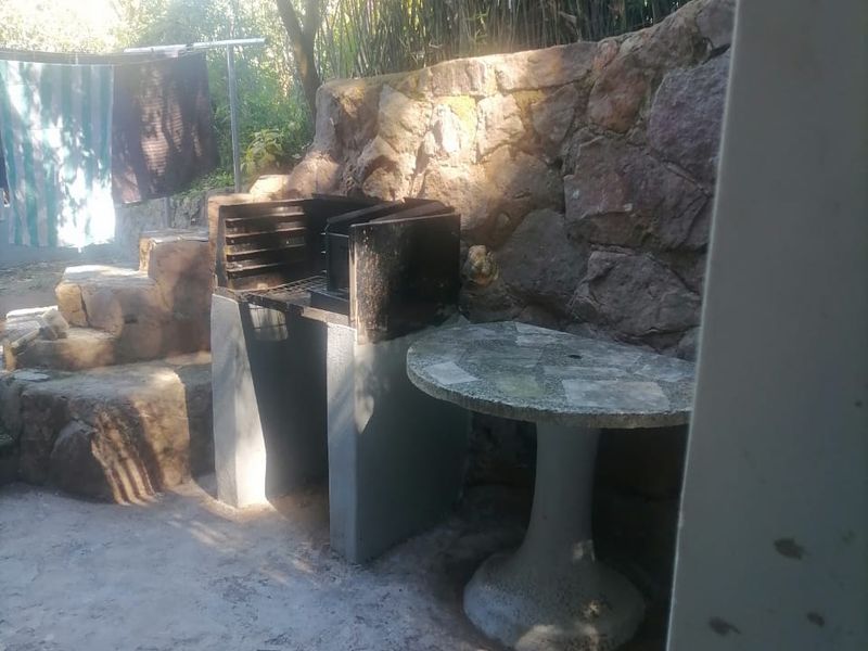 Outdoor rear patio area featuring a built-in braai, stone retaining wall, and a fixed concrete pedestal table in a garden setting.