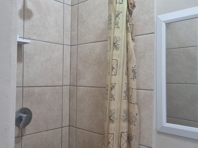 A functional bathroom shower area featuring neutral wall tiling, a standard shower head, and a wall-mounted mirror.