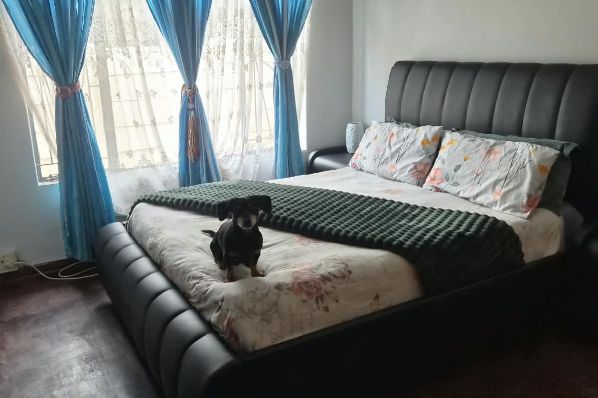 A bedroom featuring dark wood-look flooring and security burglar bars on the window.