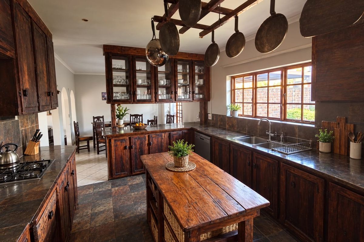 A rustic-style kitchen featuring dark wood cabinetry, stone countertops, a central island, and a built-in gas hob with an overhead pot rack.