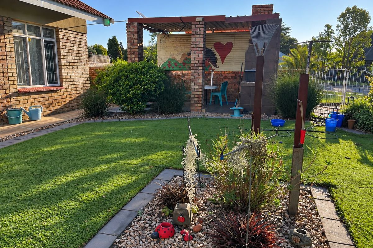 Rear garden featuring a brick-built pergola with an integrated braai area, established lawn, and paved garden borders.