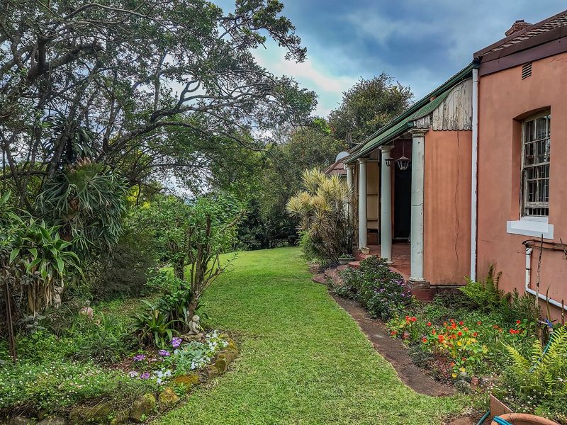 Rear view of the property featuring a covered veranda with classical columns, sash windows, and a well-established garden with mature trees.