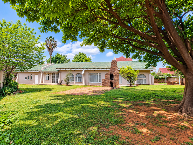 Spacious rear garden featuring a large mature tree, a brick built-in braai, and a paved patio area leading to the main house structure.