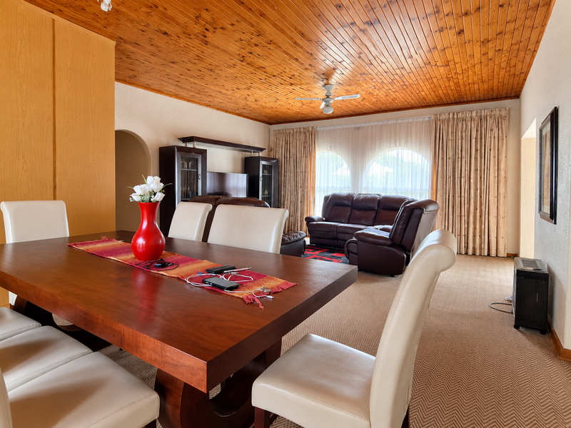 Spacious open-plan living and dining area featuring a warm timber tongue and groove ceiling, arched windows, and integrated cabinetry.