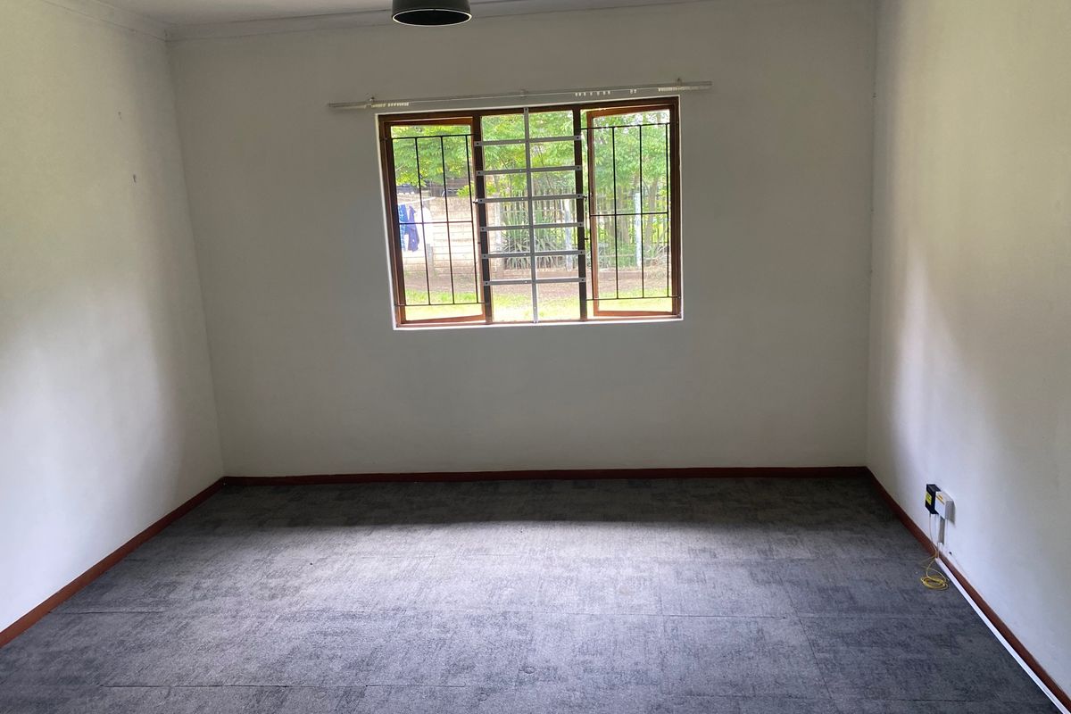 A clean, empty bedroom featuring grey carpet flooring, a central pendant light, and a window fitted with security bars.