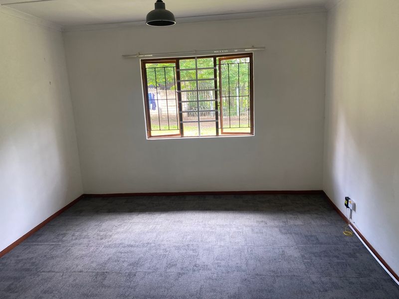 A clean, empty bedroom featuring grey carpet flooring, a central pendant light, and a window fitted with security bars.