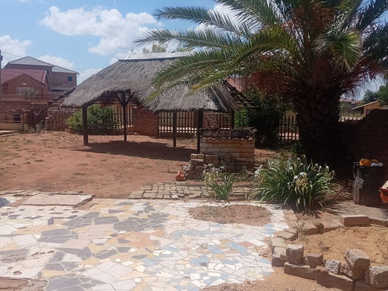 Outdoor garden area featuring a thatch roof gazebo, crazy paving patio, and mature palm tree, requiring landscaping and maintenance to improve curb appeal.