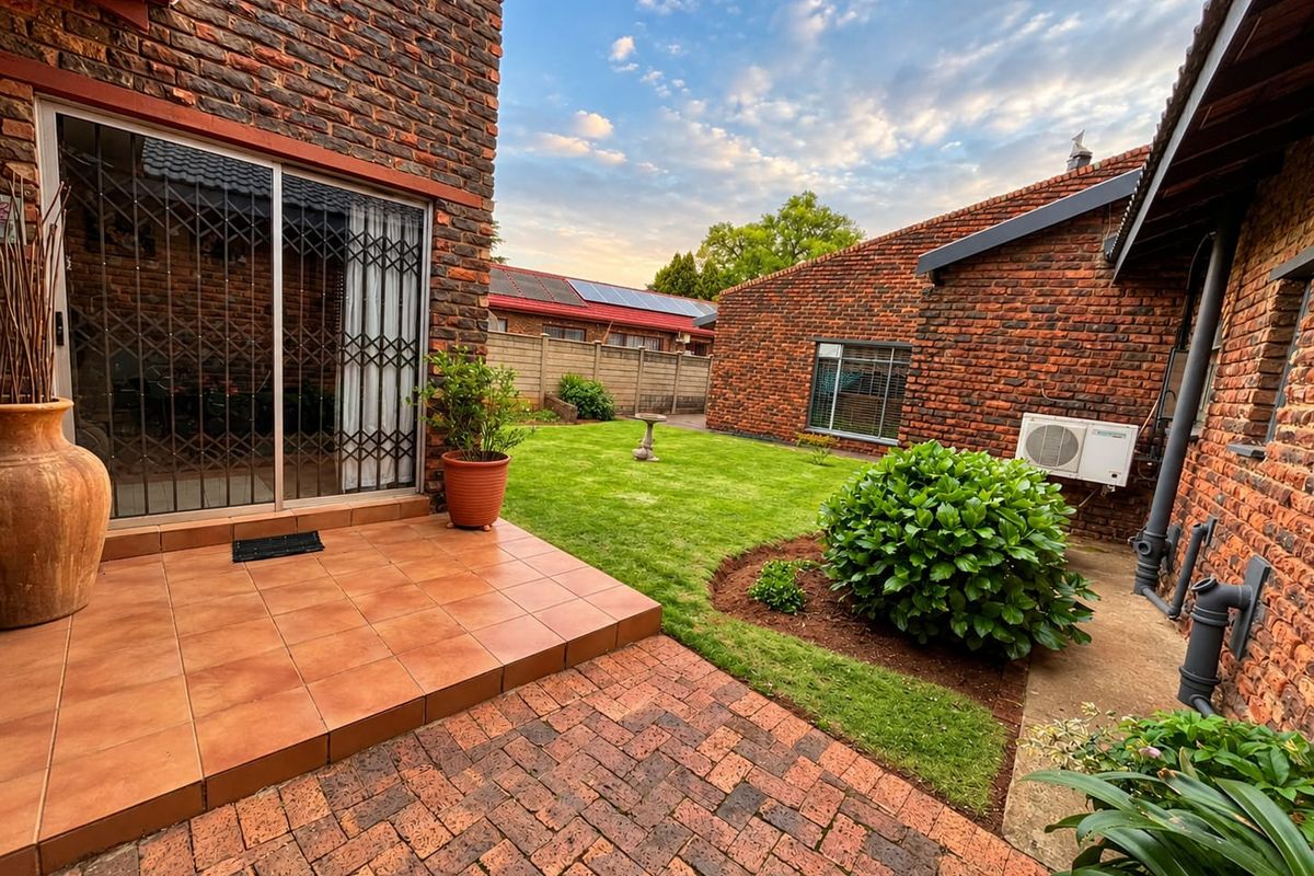 A well-maintained rear garden featuring a tiled patio, brick paving, and face brick exterior walls with a lawn area.