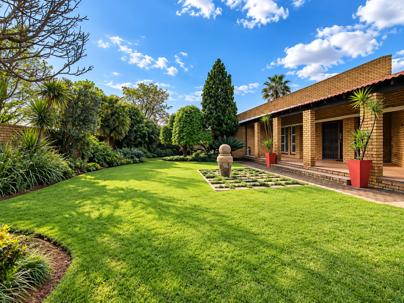 A beautifully landscaped garden featuring a lush green lawn, a stone water feature, and a covered brick patio area.