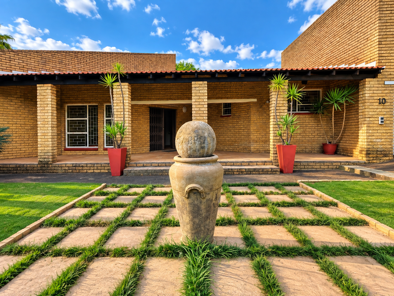 A well-maintained face brick front facade featuring a covered patio entrance, brick pillars, and secure window bars, set behind a landscaped garden.