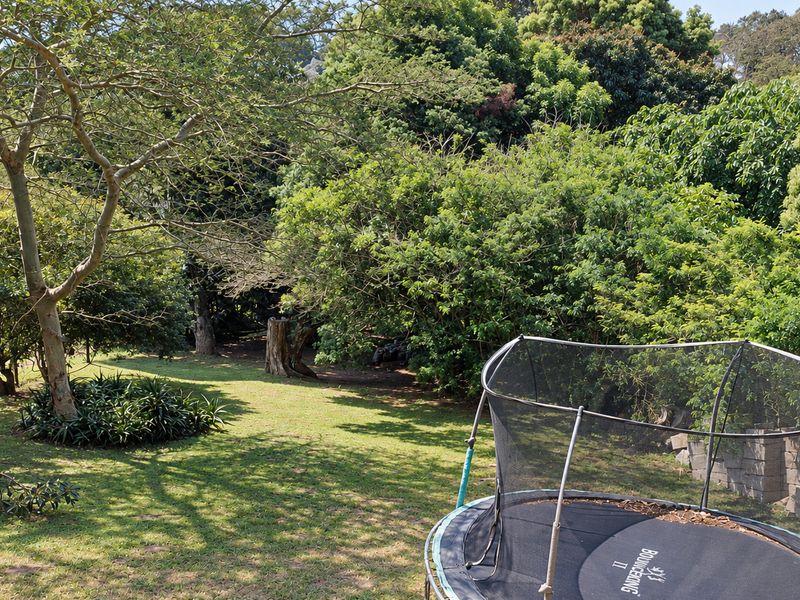 A spacious, lush garden area featuring mature trees, established lawn, and a stone retaining wall, providing a private and natural outdoor setting.