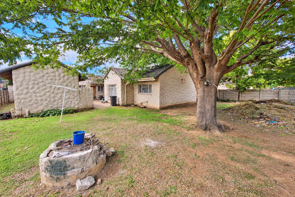Rear garden area featuring a large mature tree, built-in brick braai, and textured exterior walls, offering potential for landscaping and outdoor improvement.