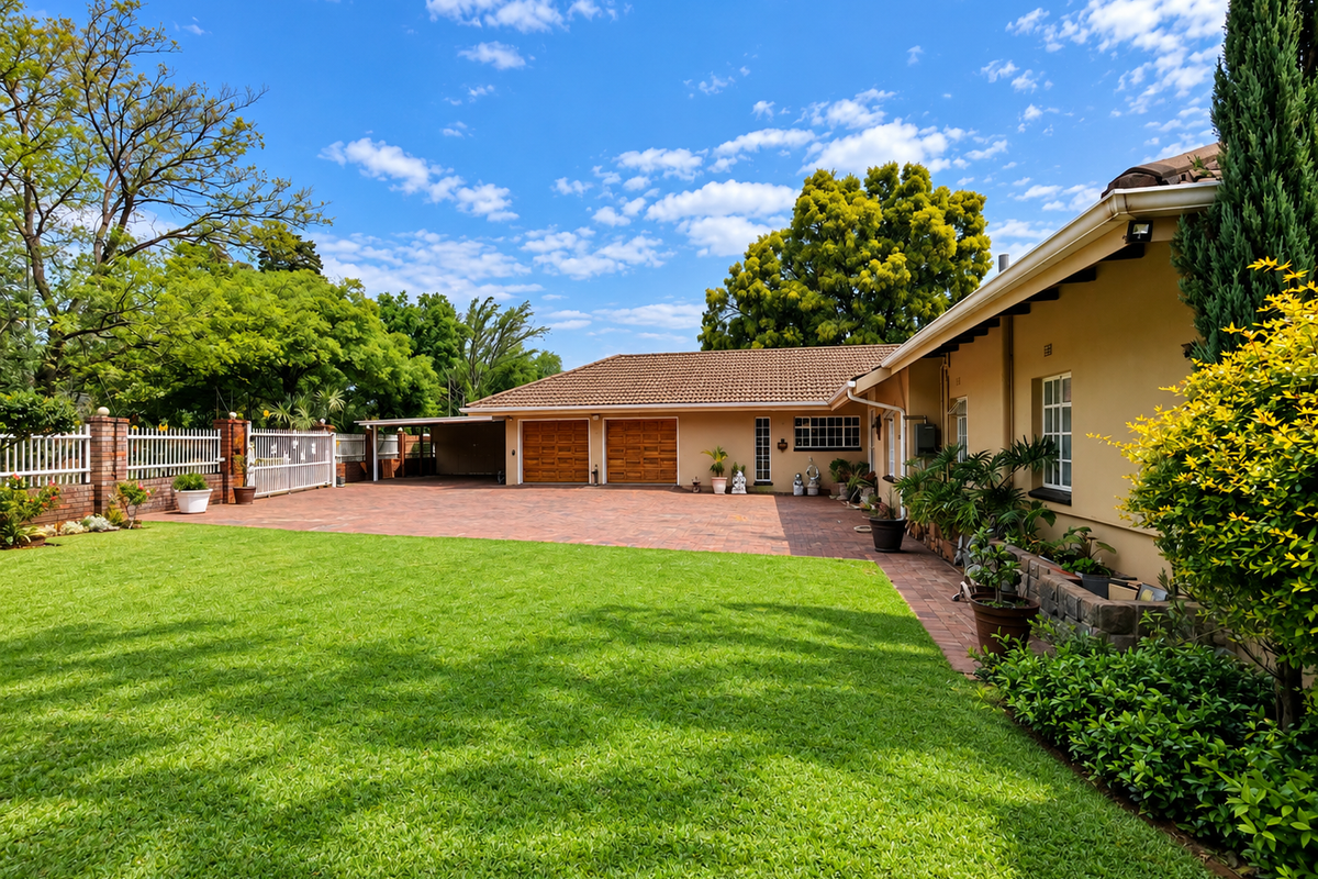 A well-maintained rear exterior view featuring a spacious paved driveway, double garage, and a neatly landscaped lawn with established garden borders.