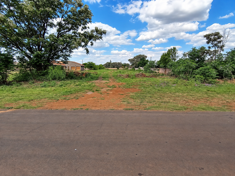 A vacant residential plot featuring mature trees and natural grass cover, accessible from the paved street.
