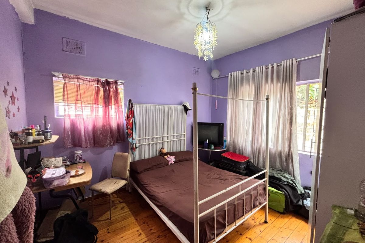 A bedroom featuring timber flooring, a decorative ceiling rose, and dual windows with curtain rods, currently finished in a vibrant purple wall color.
