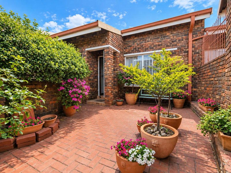 A well-maintained rear courtyard featuring face brick walls, herringbone brick paving, and established garden beds with integrated drainage.