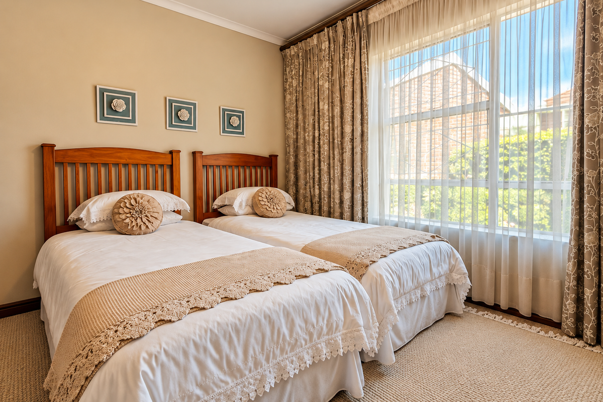 A well-maintained bedroom featuring neutral wall tones, carpeted flooring, and a large window with floor-to-ceiling curtains allowing for ample natural light.