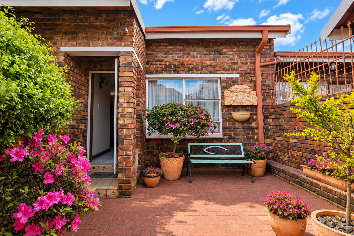A well-maintained rear patio area featuring face brick walls, paved flooring, and established garden beds, providing a private outdoor space.