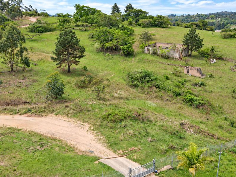 Aerial view of a large vacant residential plot featuring rolling green terrain, mature trees, and the remains of dilapidated structures.