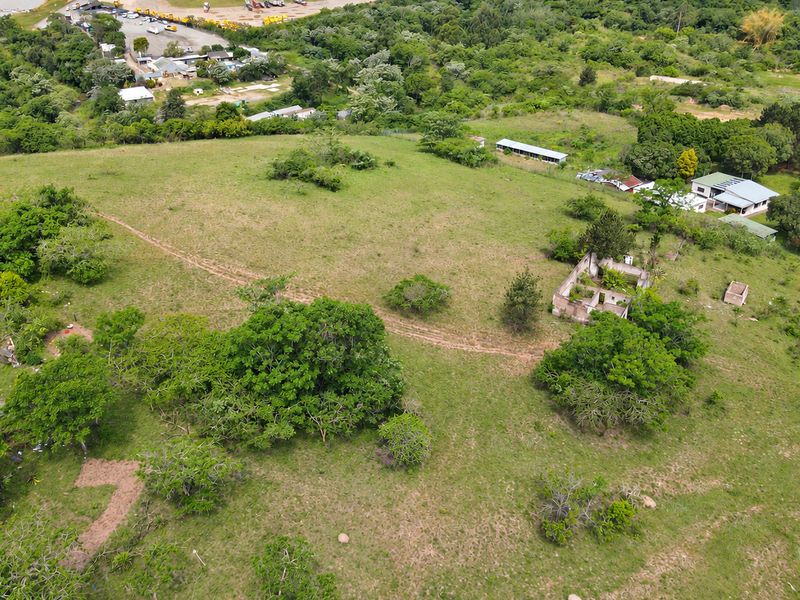 Aerial view of a large vacant residential plot featuring natural vegetation and the remains of a dilapidated structure.