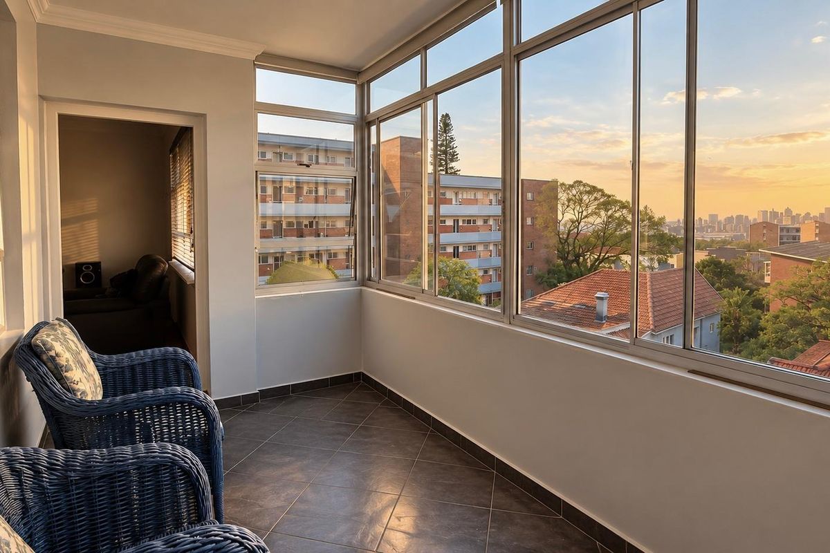 Enclosed balcony featuring tiled flooring and expansive aluminium windows offering panoramic sunset views over the surrounding neighbourhood.