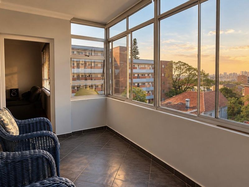 Enclosed balcony featuring tiled flooring and expansive aluminium windows offering panoramic sunset views over the surrounding neighbourhood.