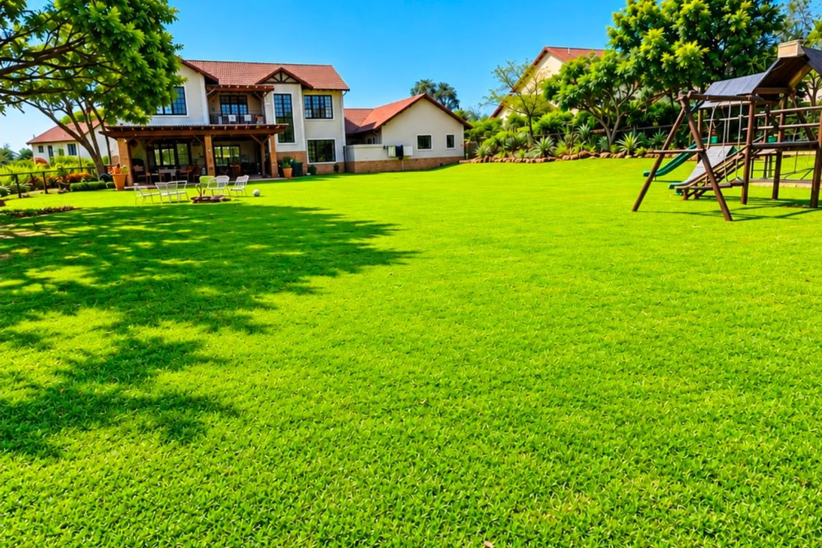 Spacious rear garden featuring a well-maintained lawn, a covered patio area with timber pergola, and a dedicated children's play structure.