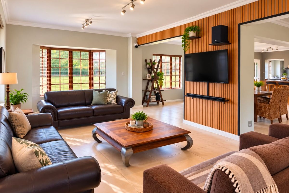 Spacious living room featuring a modern timber slat feature wall, tiled flooring, and large bay windows that provide ample natural light.