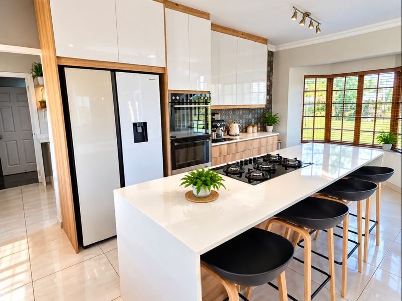 Modern kitchen featuring a large central island with a gas cooktop, sleek white cabinetry, built-in oven, and bright tiled flooring with natural light.