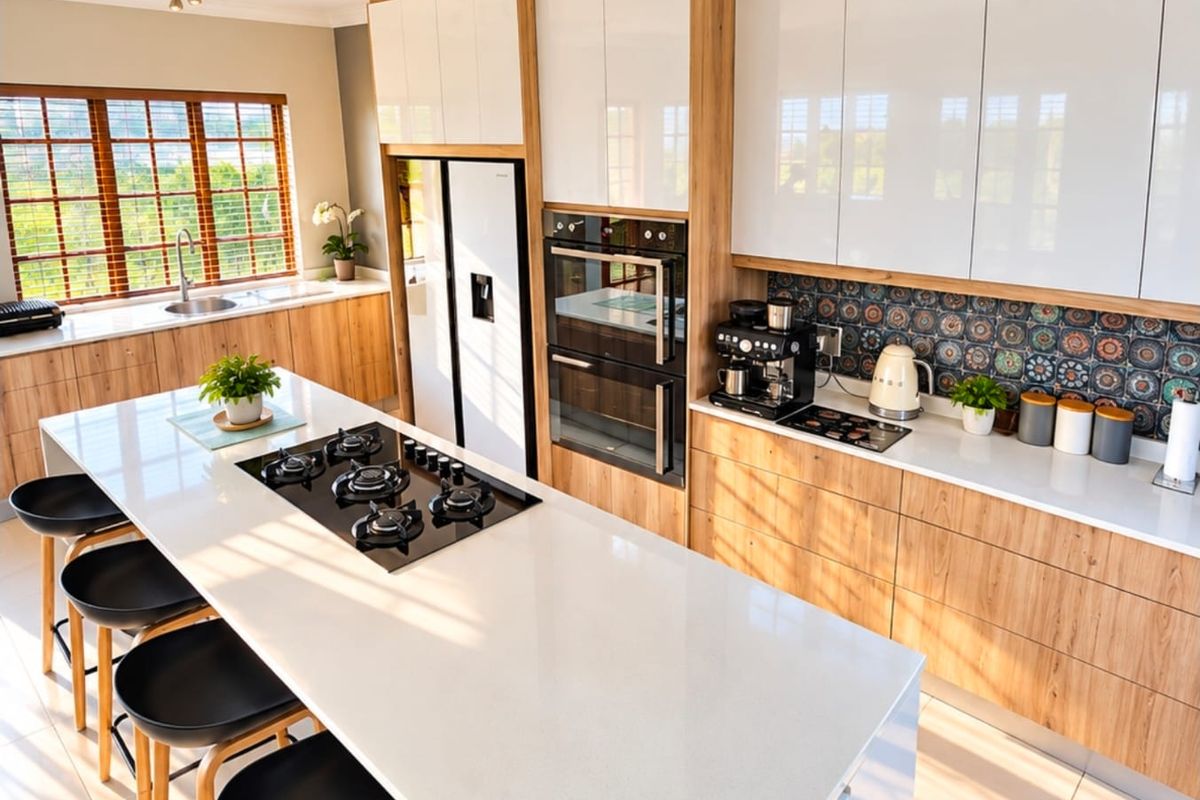 Modern kitchen featuring a large central island with gas cooktop, sleek white and wood-grain cabinetry, built-in double oven, and decorative tiled backsplash.