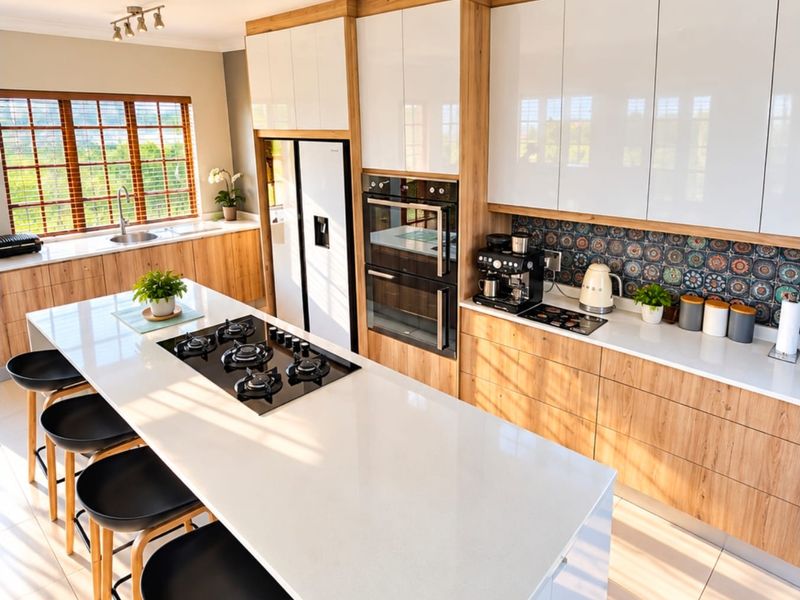 Modern kitchen featuring a large central island with gas cooktop, sleek white and wood-grain cabinetry, built-in double oven, and decorative tiled backsplash.