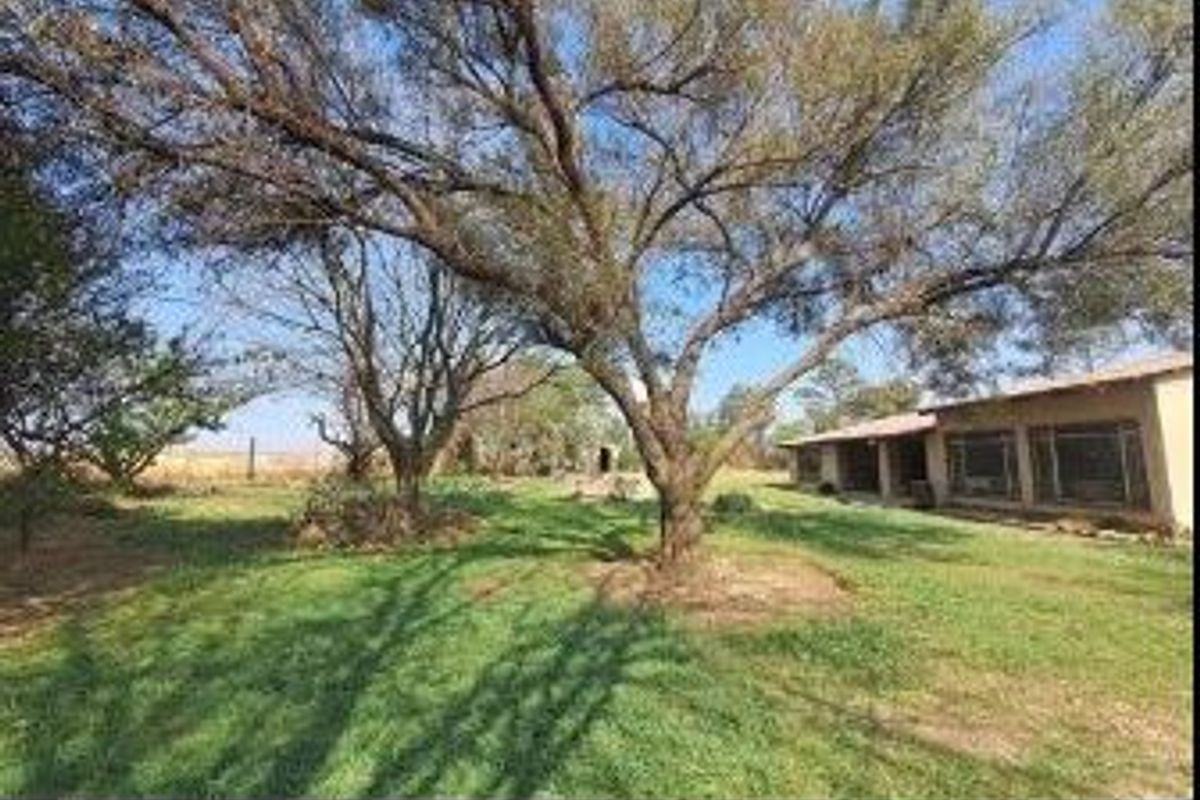 A view of the rear exterior of the farm property, featuring a covered patio area, established mature trees, and a spacious lawn.
